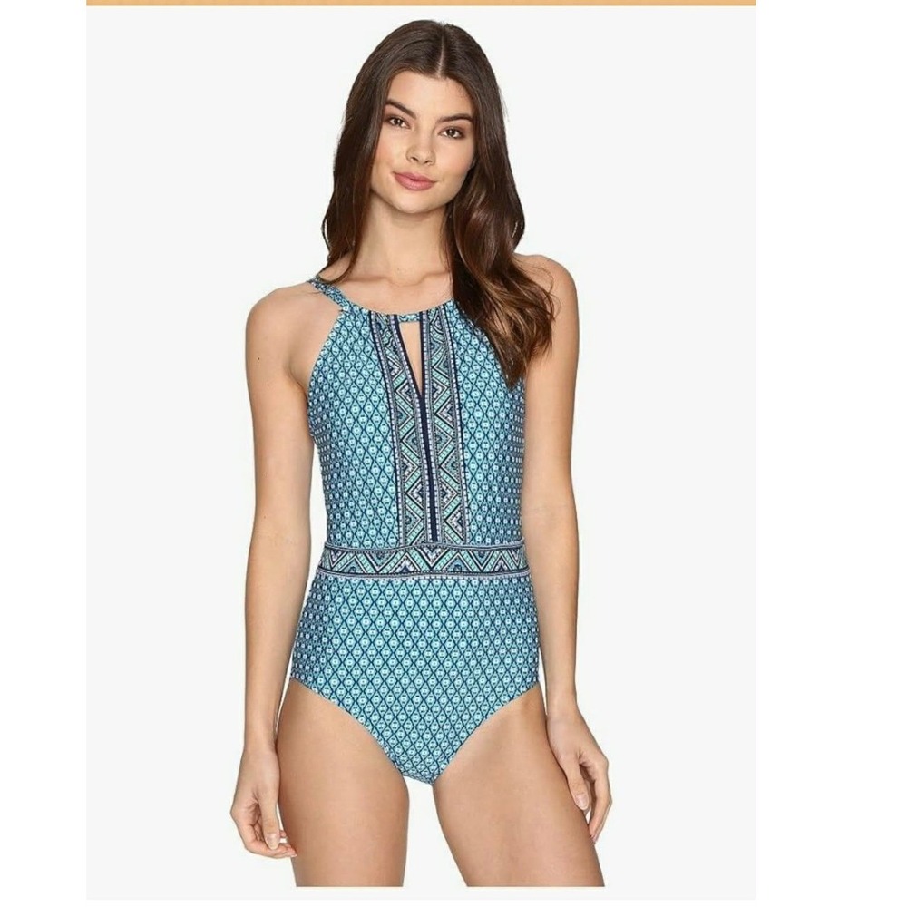 Cupshe‎ Blue Geometric Diamond Print Plunging V-Neck One Piece Swimsuit Womens L